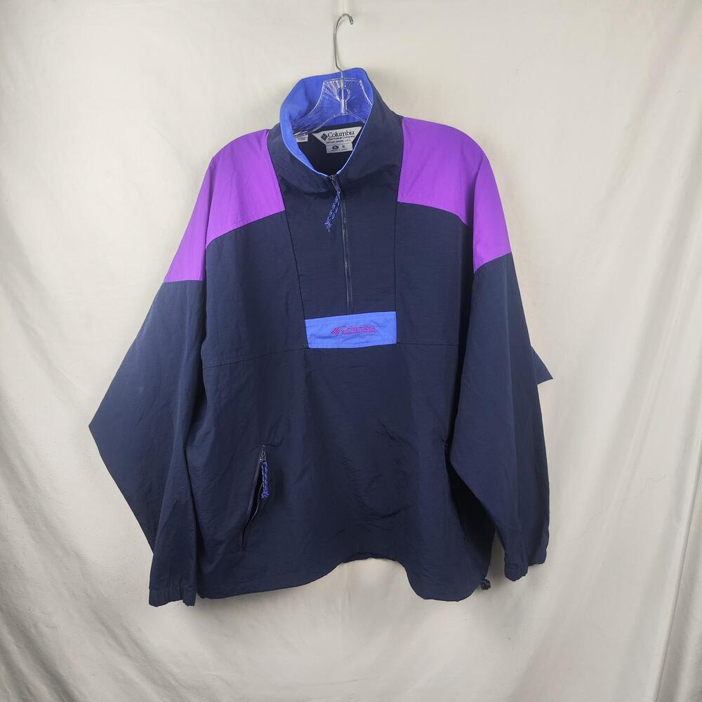 Vintage Columbia Poncho Womens XL Blue Purple Nylon 1/4 Zip Windbreaker 90s